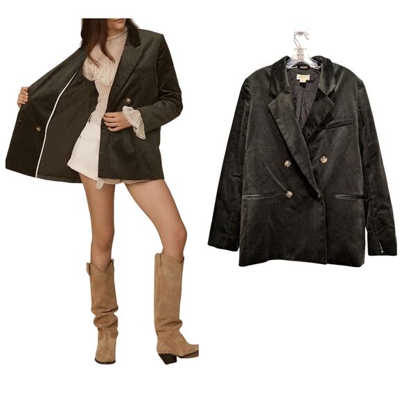 Anthropologie Maeve Corduroy Dark Green Double-Breasted Blazer Size 6 - Picture 1 of 8